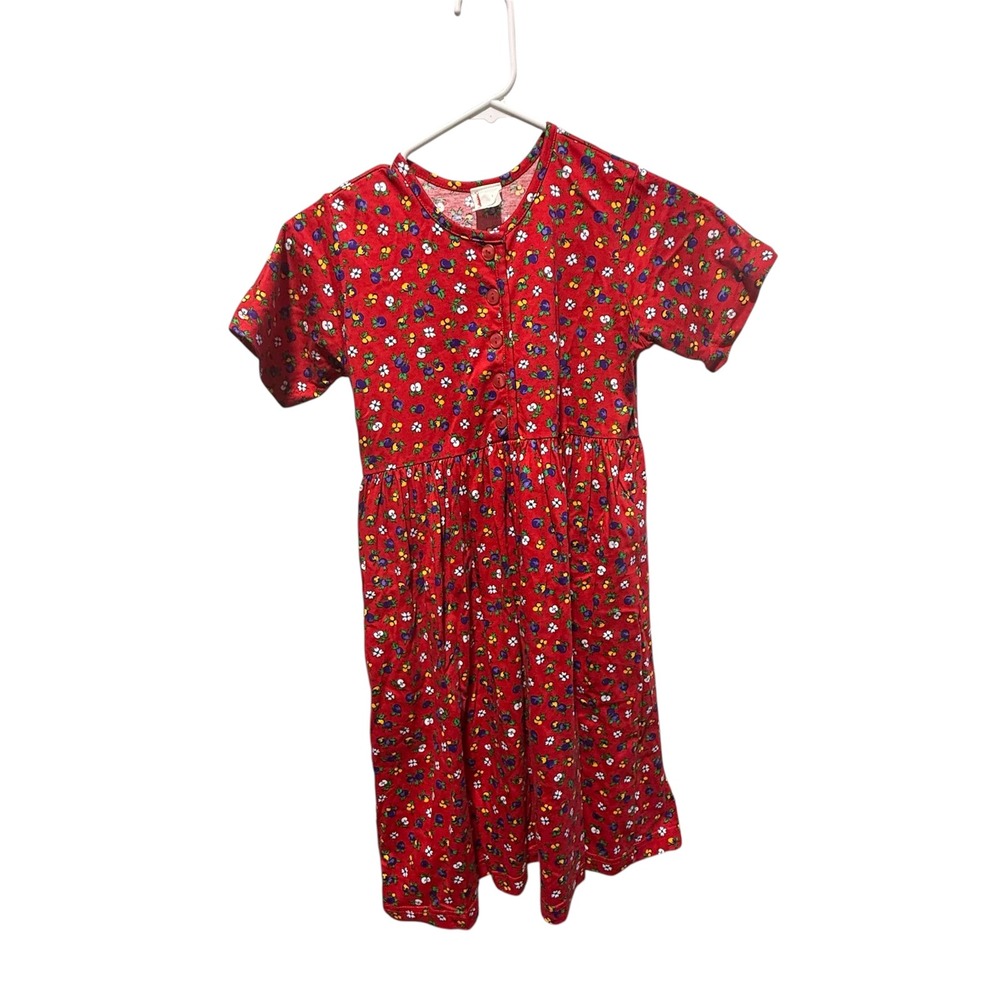 Vintage Hanna Andersson Red Fruit Floral Print Jersey Dress Size 130 Made in USA